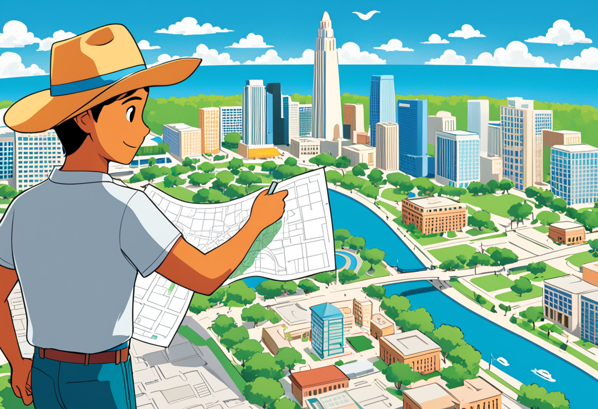 Friendly Map Buddy character holding a folded paper map of Houston